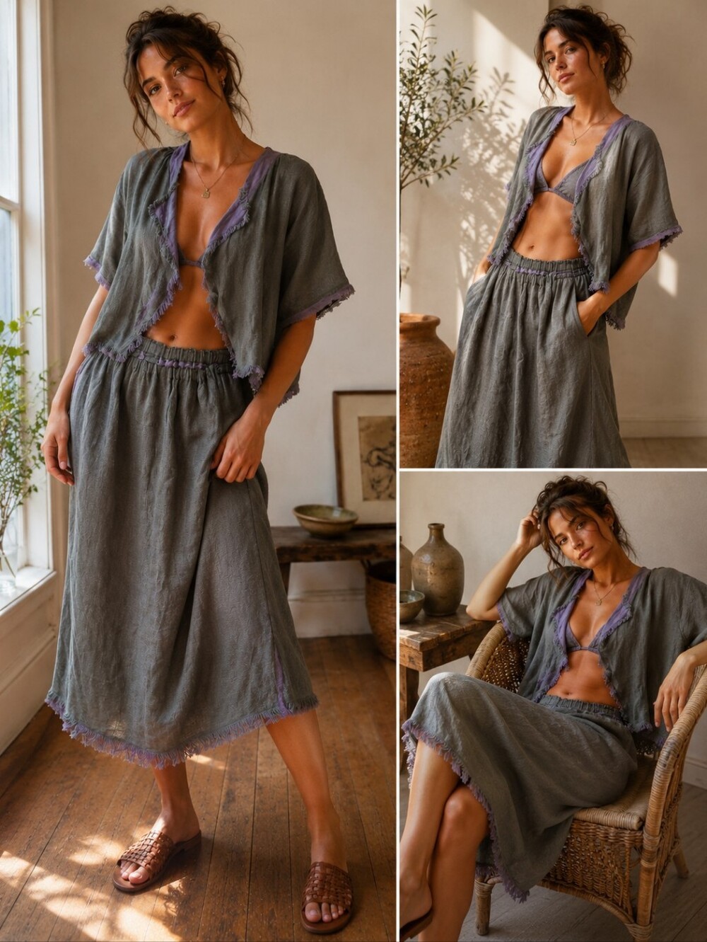 Paul Sisti 100% Linen Lagenlook Skirt Top Set XL